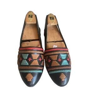 Turquoise and black Huaraches inspired sling back slides kitten heels, size 8.5.